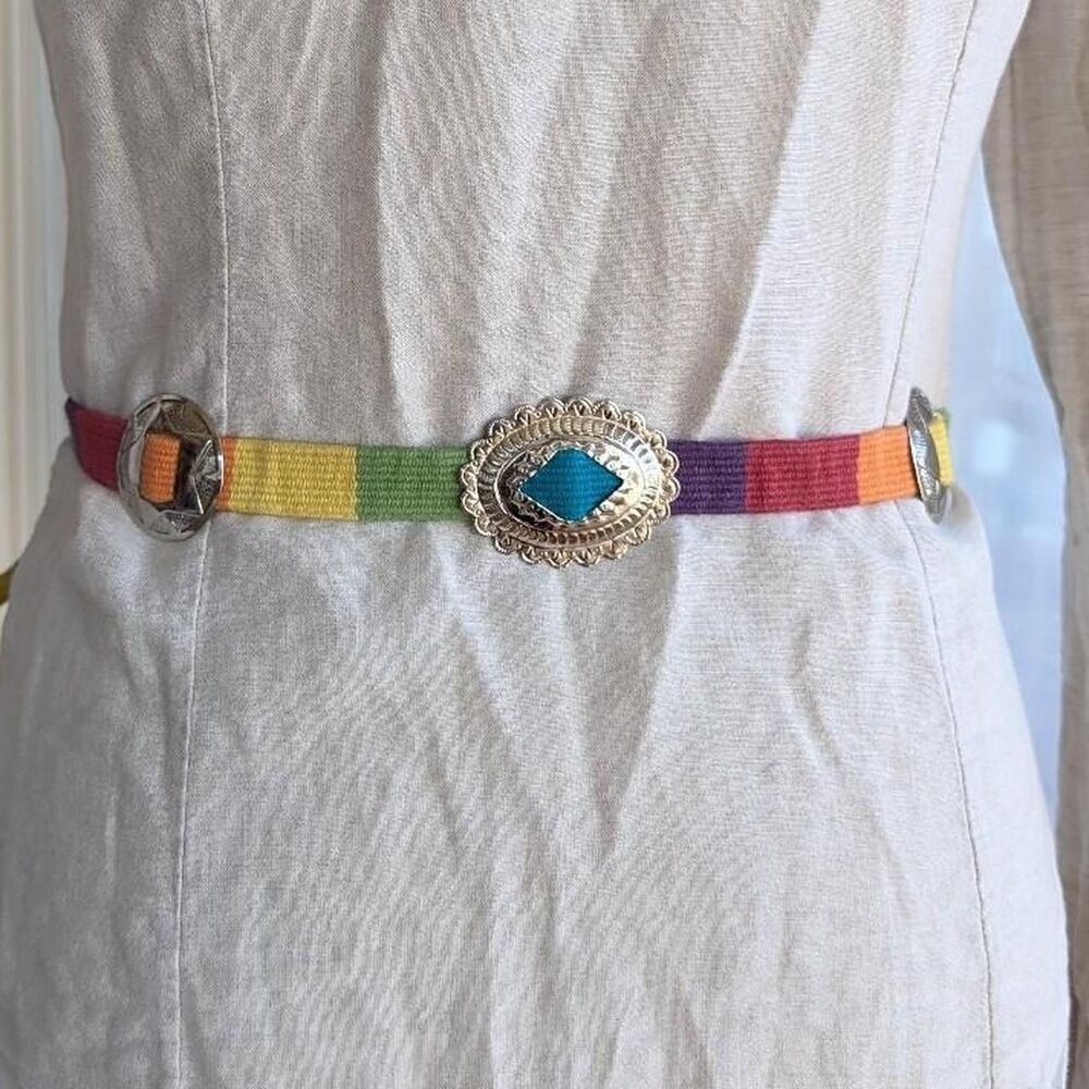 Colorful Rainbow Woven Western Silver Concho Wrap Belt 47" Southwestern Artistic